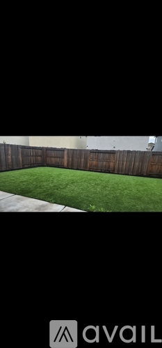 A backyard with a wooden fence and green grass.