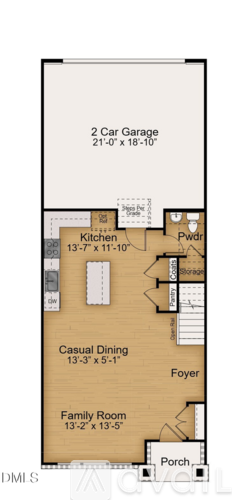A floor plan of a house with a 2 car garage, kitchen, casual dining area, family room, and a porch.