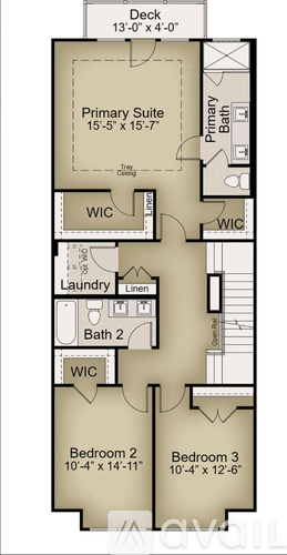 A floor plan of a home with a primary suite, two bathrooms, a laundry room, and three bedrooms.