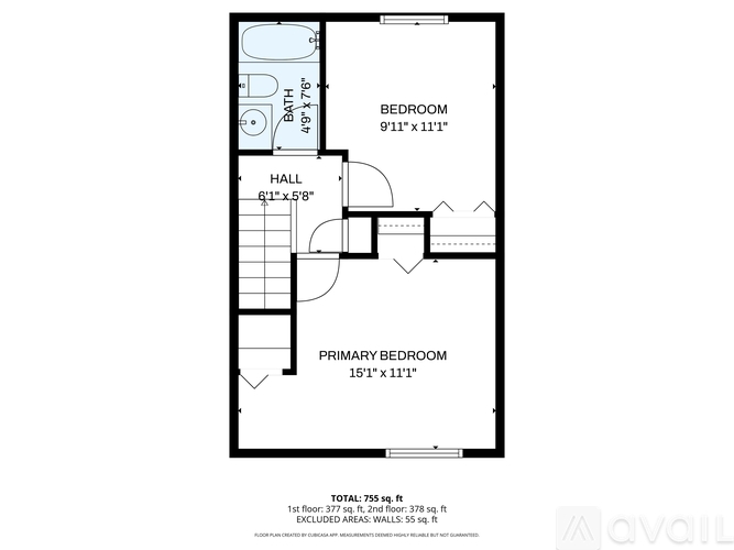 A floor plan of a home with a primary bedroom, a hallway, and a bathroom.