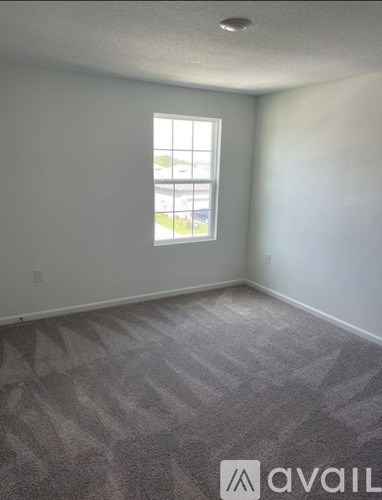 A room with a carpeted floor and a window.