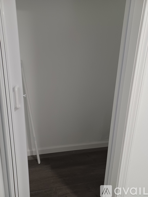 A white door with a handle is open.