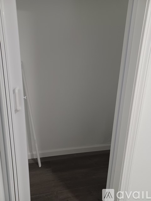 A white door with a handle is open.