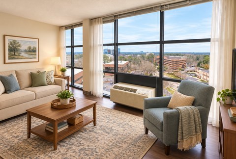 A living room with a view of the city.