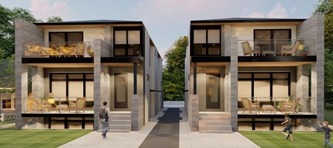 Two modern houses with balconies and glass doors are shown.