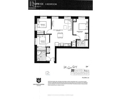A black and white image of a floor plan for a 3 bedroom suite.