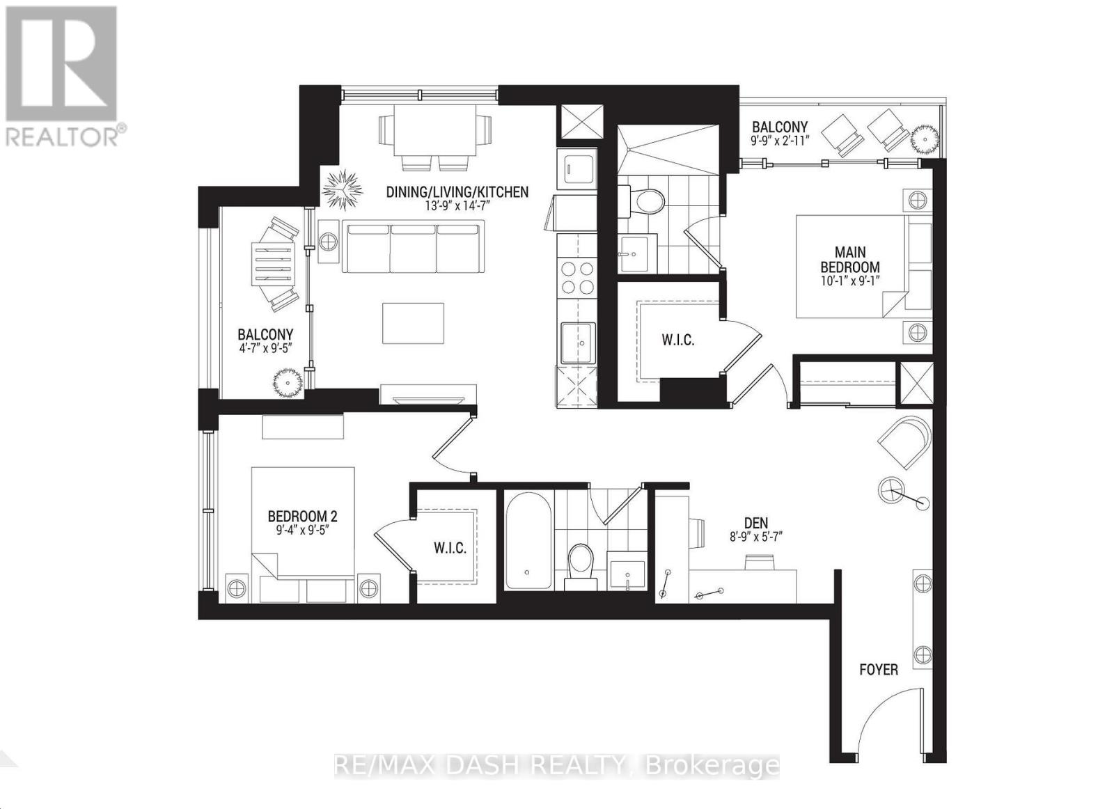 A black and white floor plan of a house with a balcony, two bedrooms, a den, a dining/living/kitchen area, and a foyer.