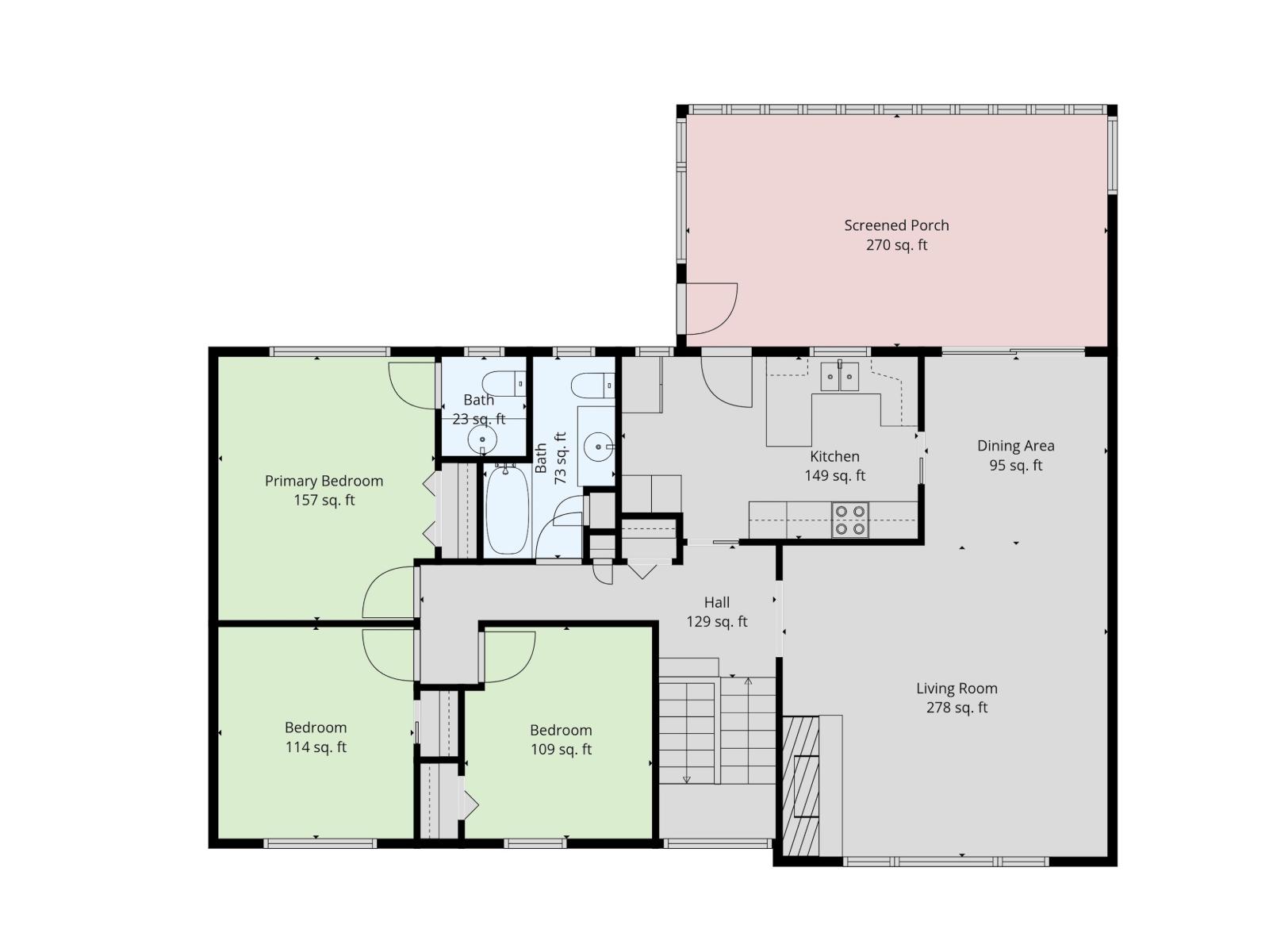 A floor plan of a house with a living room, two bedrooms, a hall, a kitchen, a dining area, and a screened porch.