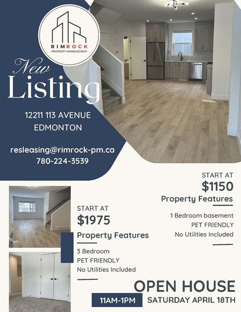 A real estate listing for a property at 12211 113 Avenue, Edmonton, with contact information and open house details.