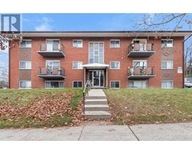 A red brick apartment building with a white door and steps leading up to it.