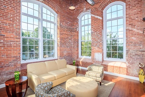 A living room with a couch, chair, ottoman, and a table with a green plant on it.