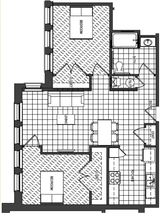 2 Bed, 1 Bath E