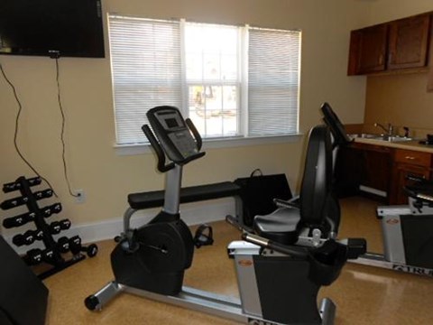 A home gym with a stationary bike and a rowing machine.
