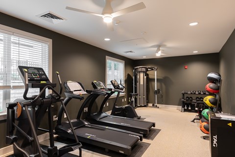A gym with treadmills, weights, and exercise equipment.