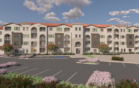 A rendering of a building with a parking lot in front.
