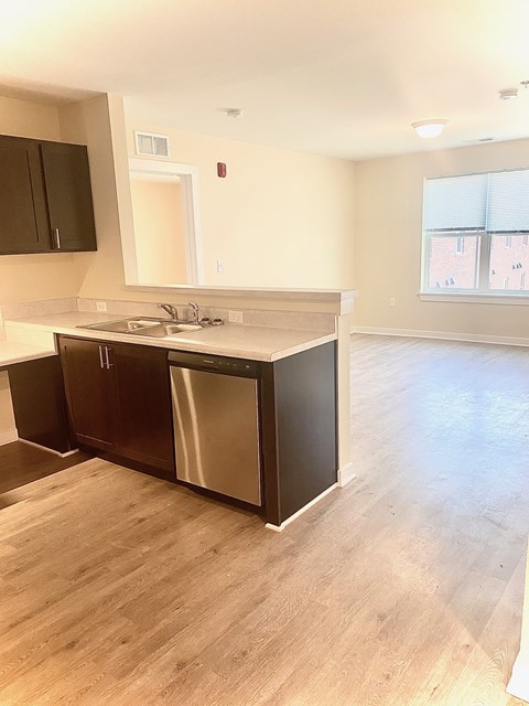 A kitchen with a sink, dishwasher and wooden flooring.