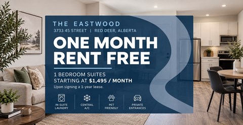 A promotional image for The Eastwood apartment complex, offering one month free rent for a 1 bedroom suite.