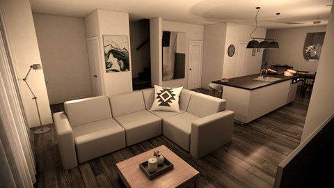 A modern living room with a white sofa and a coffee table.