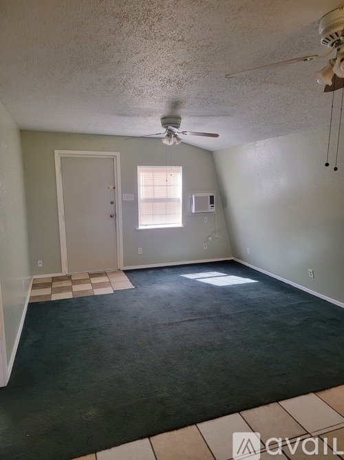 A room with a carpeted floor and a ceiling fan.
