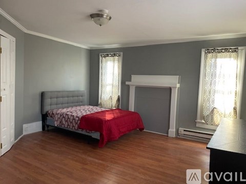 A bedroom with a bed, fireplace, and two windows.