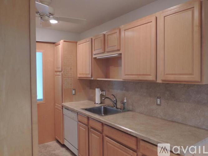 A kitchen with wooden cabinets and a sink.