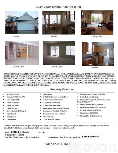 A real estate listing for 3234 Chambelain, Ann Arbor, MI, showcasing the exterior, kitchen, and living rooms of the property.