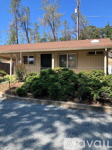 A house with a brown roof and a grey gravel driveway.