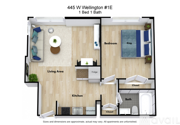 A floor plan of a one bedroom apartment with a living area, kitchen, and bathroom.
