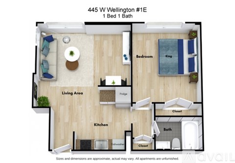 A floor plan of a one bedroom apartment with a living area, kitchen, and bathroom.