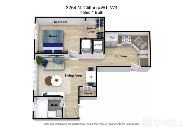 A floor plan of a one bedroom apartment with a bath.