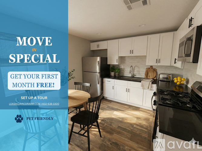 A kitchen interior with a sign offering a first month free deal.