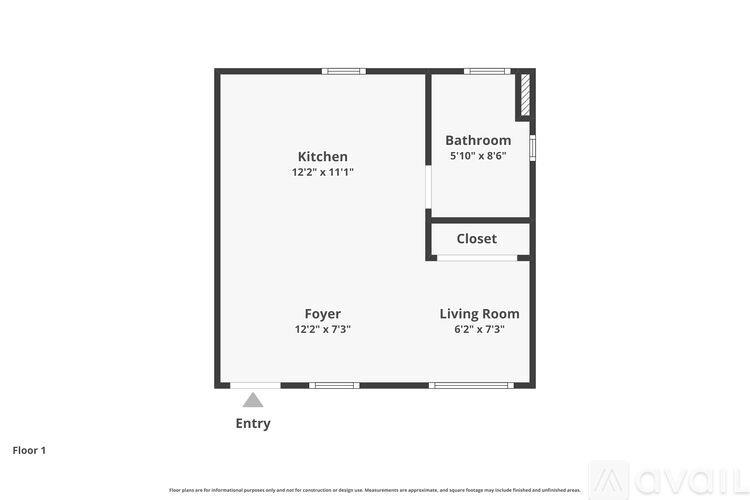 A floor plan of a one bedroom apartment with a kitchen, living room, bathroom and closet.