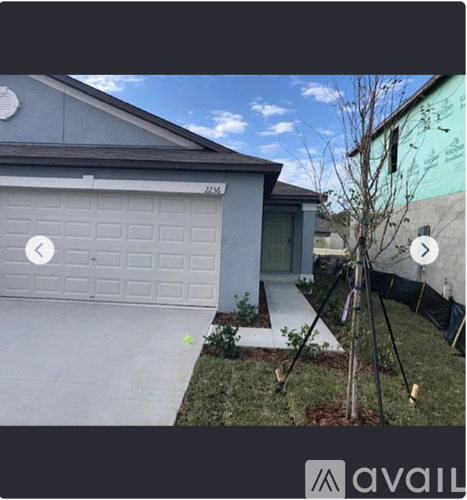 A house with a garage door and a tree in front of it.