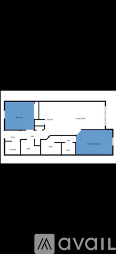A floor plan of an apartment with a living room, kitchen, and two bedrooms.