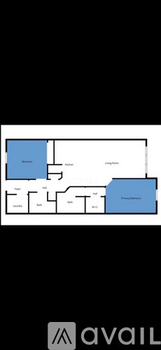 A floor plan of an apartment with a living room, kitchen, and two bedrooms.