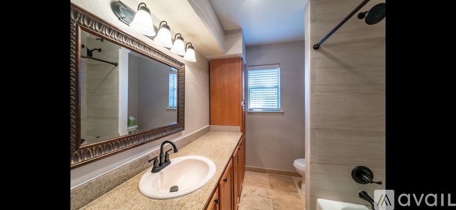 A bathroom with a sink, mirror, and shower.