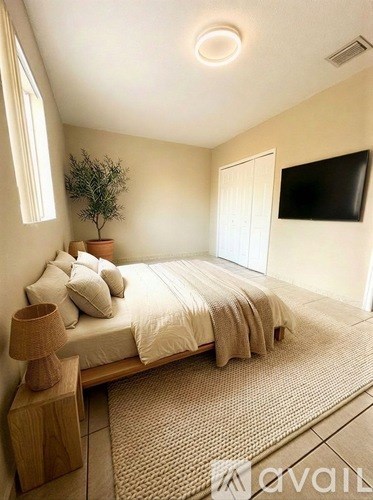 A bedroom with a bed, a plant, and a television.