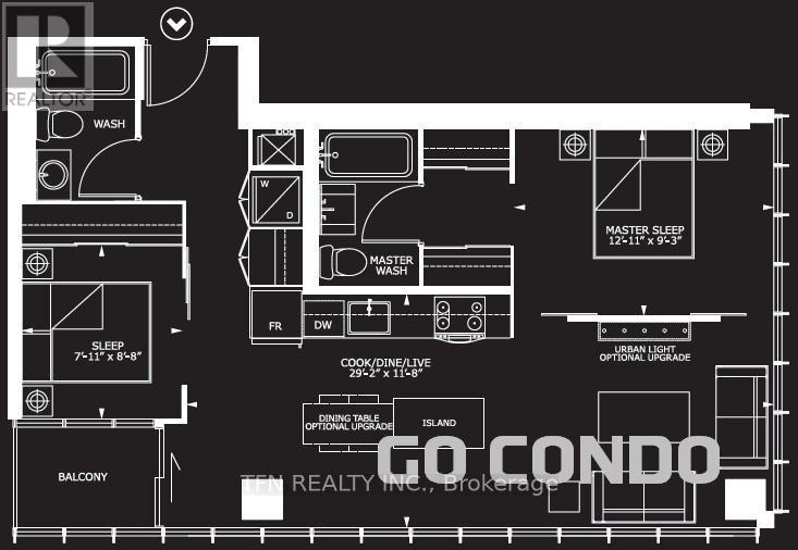 A black and white floor plan of a condo with a master bedroom, a balcony, and a dining area.