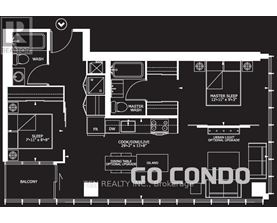 A black and white floor plan of a condo with a master bedroom, a balcony, and a dining area.