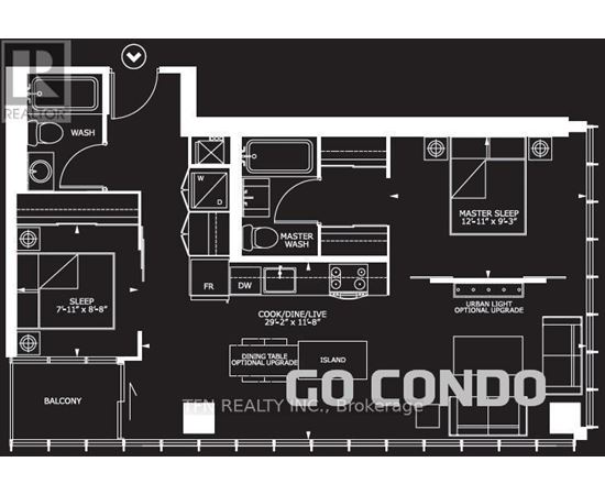 A black and white floor plan of a condo with a master bedroom, a balcony, and a dining area.