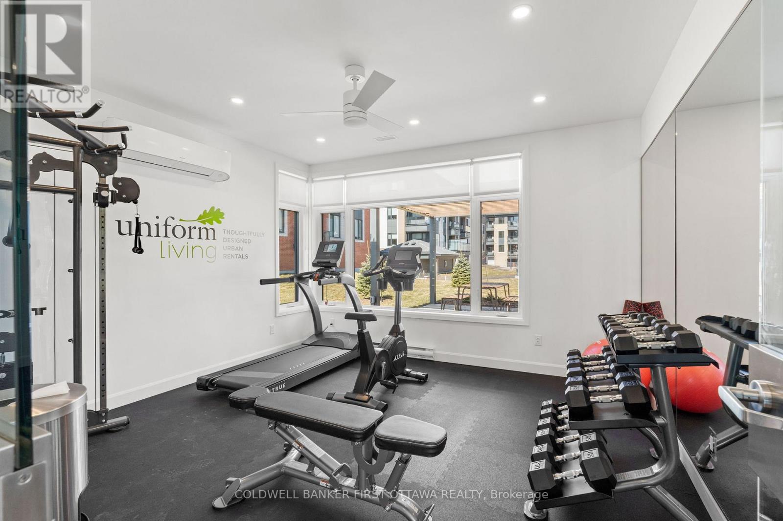 A gym room with a treadmill, exercise bike, and weights.