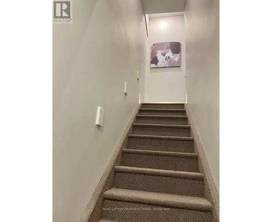 A staircase with a carpeted runner and a painting on the wall.
