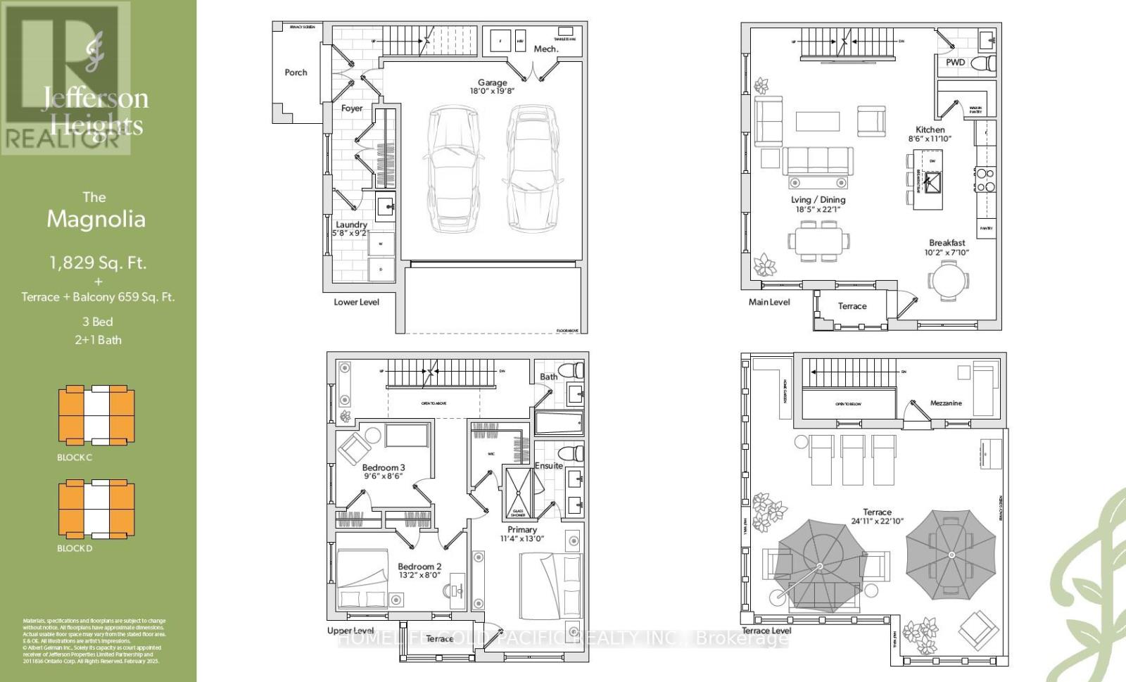 A real estate advertisement for The Magnolia, a 1,829 square foot townhouse with three bedrooms and two bathrooms.