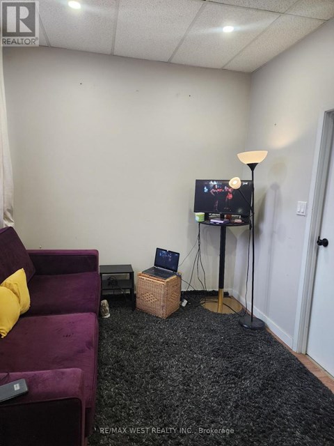 A purple couch sits in a living room with a television on a stand.
