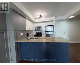 A kitchen with a granite countertop and blue cabinets.