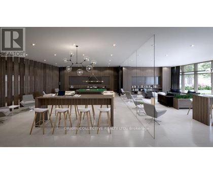 A modern dining room with a wooden table and chairs.