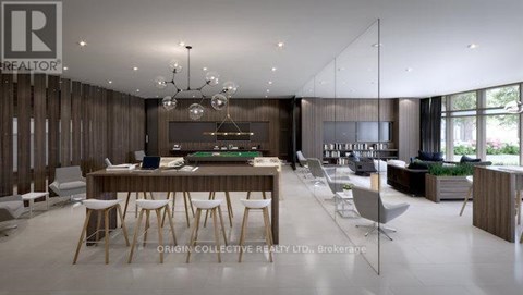 A modern dining room with a wooden table and chairs.