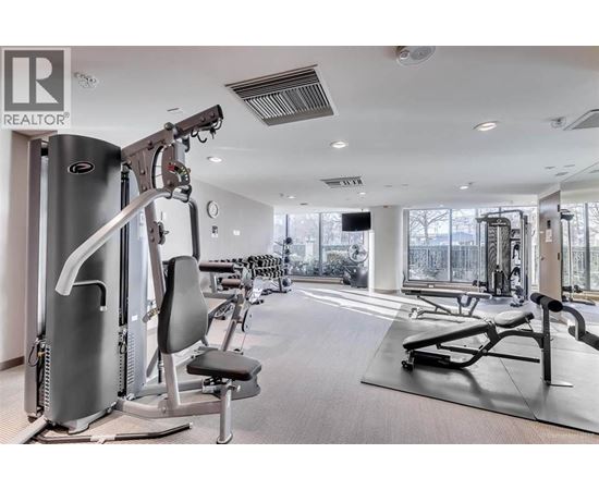 A gym with a variety of equipment including a treadmill, a stationary bike, and a rowing machine.