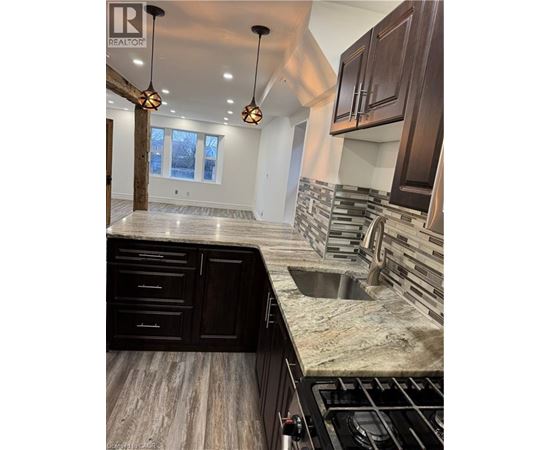 A modern kitchen with dark wood cabinets and a marble countertop.