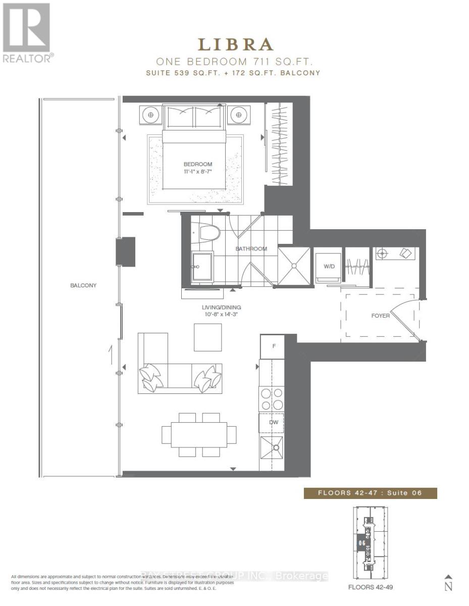 A floor plan for a one bedroom apartment sized at 711 square feet.